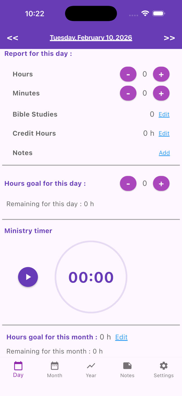 The Pioneer Planning day screen: hours, Bible studies, credit hours and the ministry timer